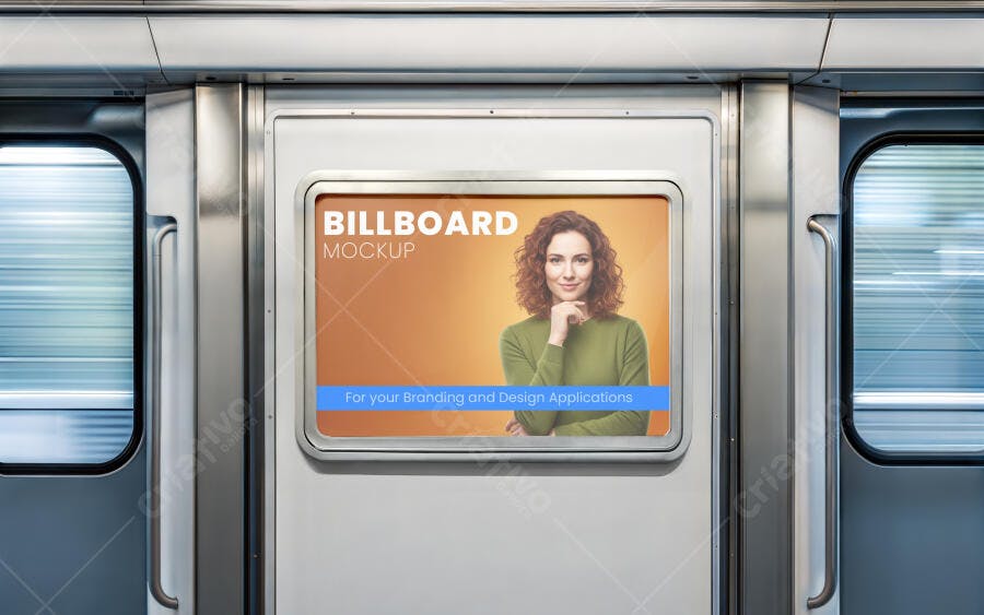 Mockup de Painel de Anúncio Realista em Trem Moderno com Mulher Caucasiana