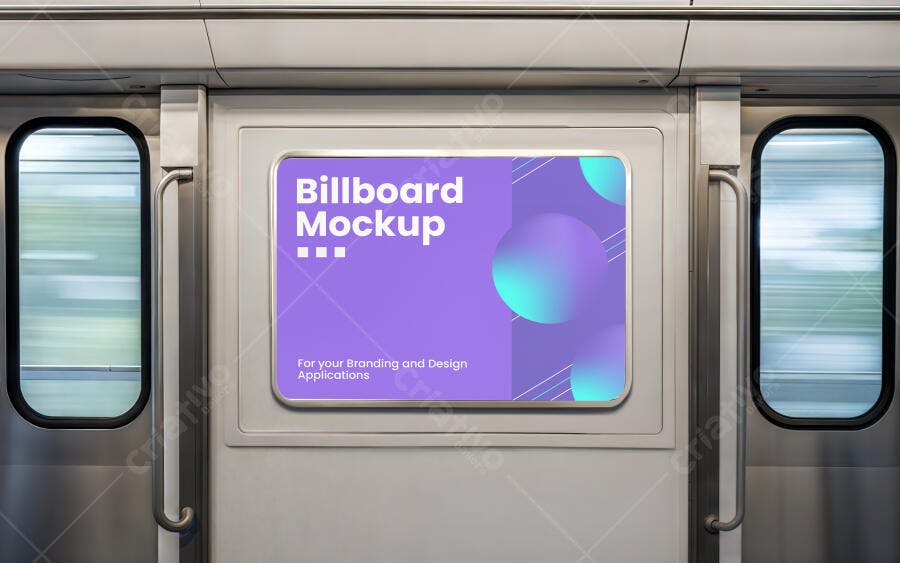 Mockup Painel Publicitário Digital no Metrô, Anúncio Urbano Roxo e Ciano Realista