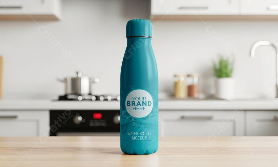 Mockup Garrafa Térmica Azul-Petróleo Realista em Cozinha Moderna