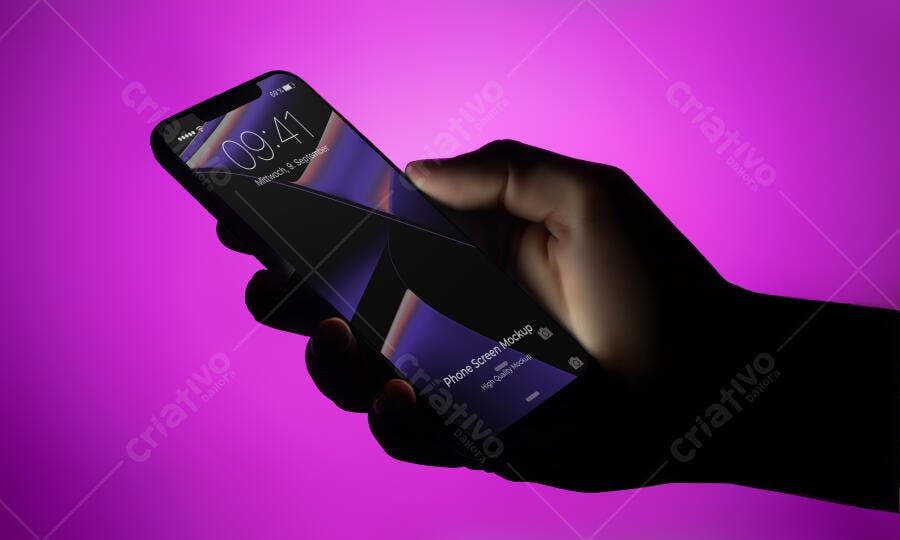 Mockup Realista de Smartphone Moderno com Mão Toque em Tela Fundo Roxo Vibrante
