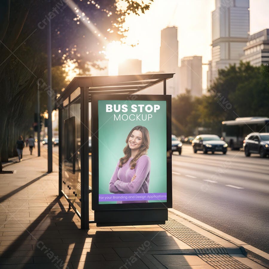 Mockup Painel de Ponto de Ônibus Urbano ao Entardecer com Mulher Sorridente