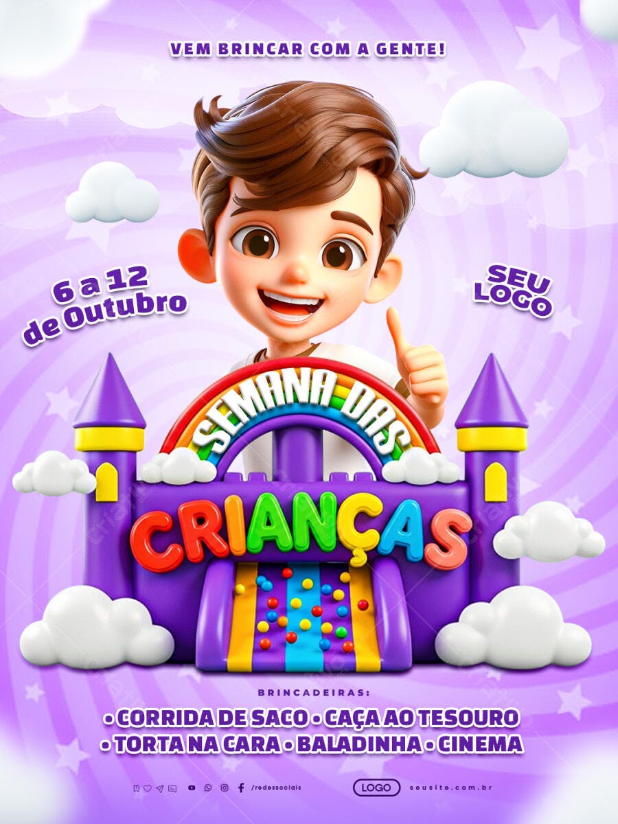 Flyer Semana das Crianças Menino 3D Castelo Inflável PSD Editável