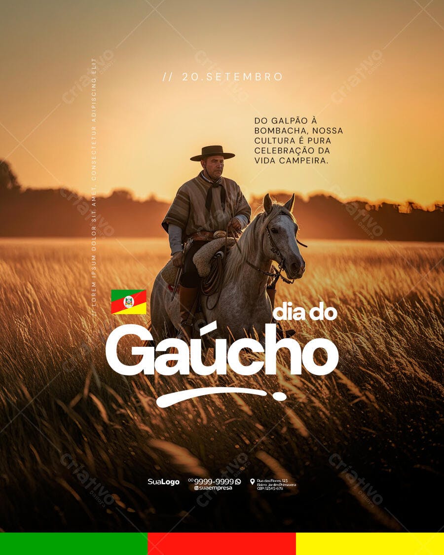 Flyer Dia do Gaúcho com Cavaleiro e Pôr do Sol no Campo PSD Editável