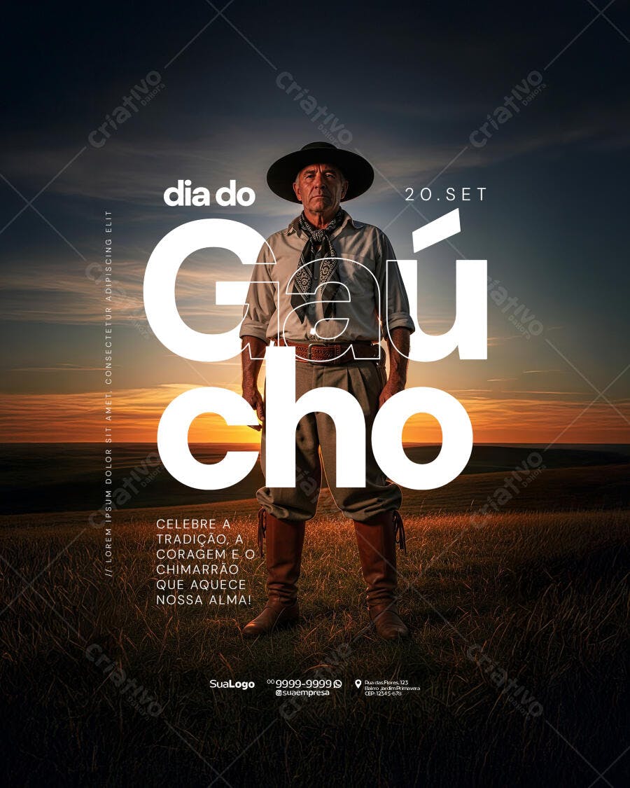 Flyer Dia do Gaúcho com Homem de Chapéu e Botas no Campo PSD Editável