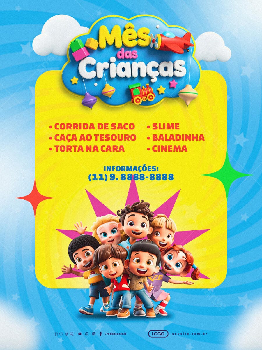 Flyer Animado Mês das Crianças com Atividades PSD Editável