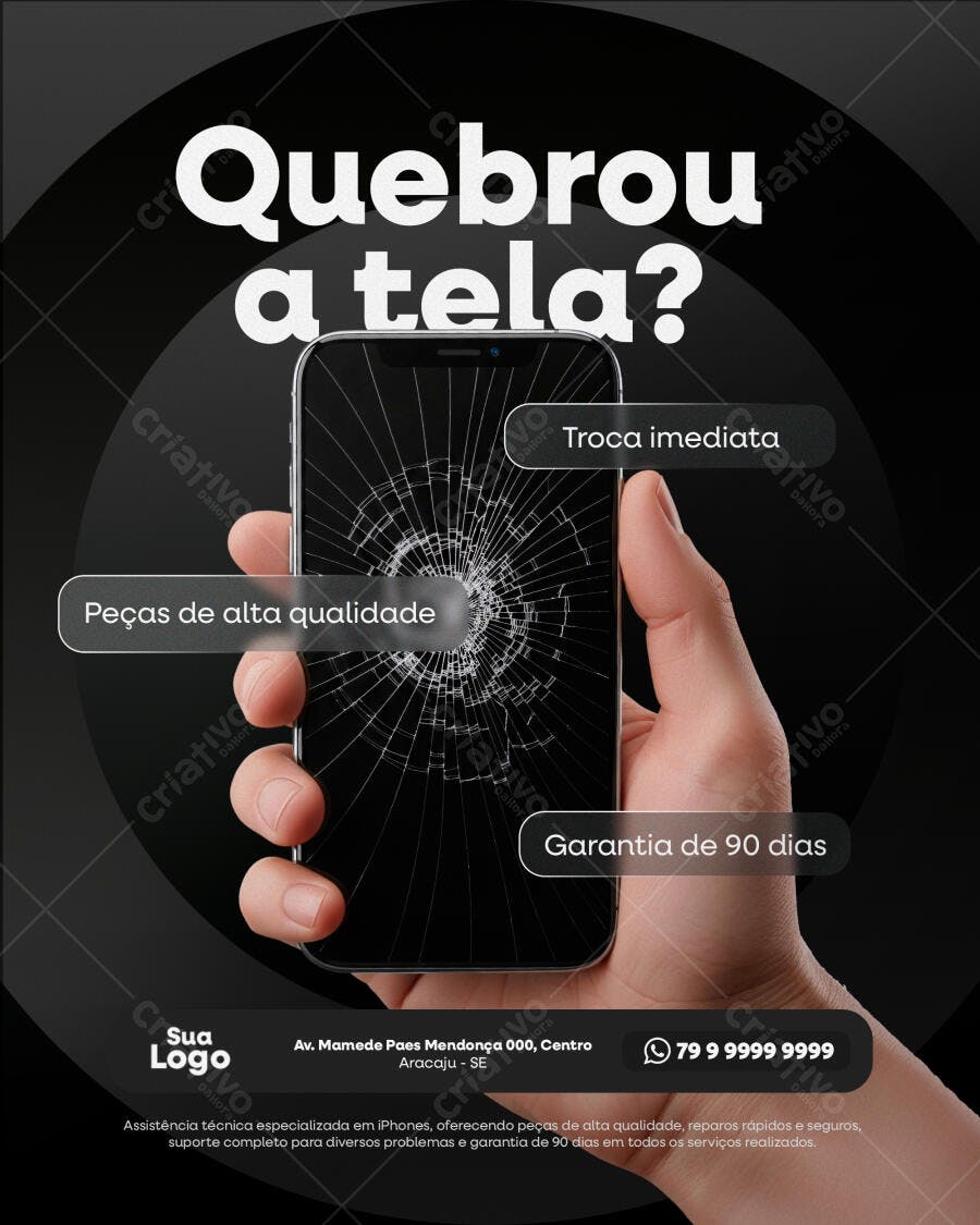 Flyer Assistência Técnica iPhone Tela Quebrada Troca Imediata PSD Editável