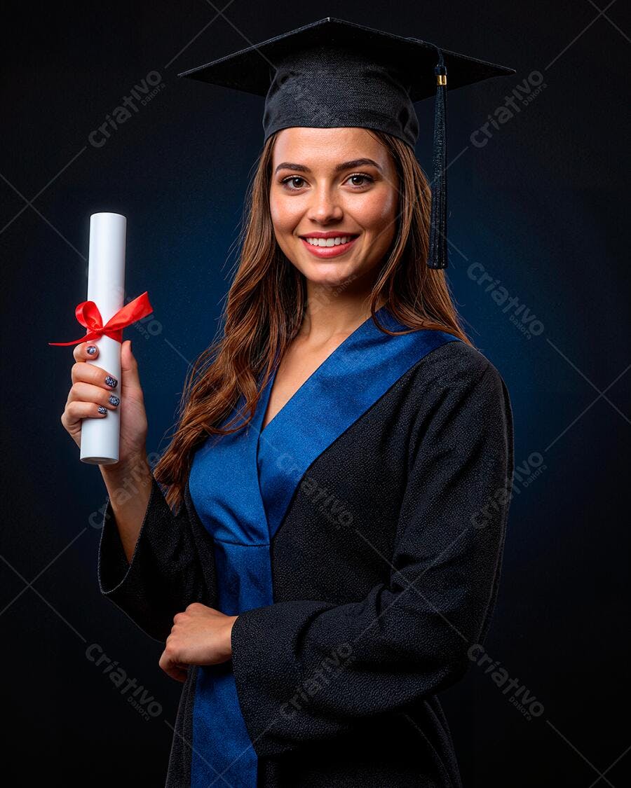 Jovem mulher formanda sorrindo com diploma e beca preta faixa azul em fundo escuro