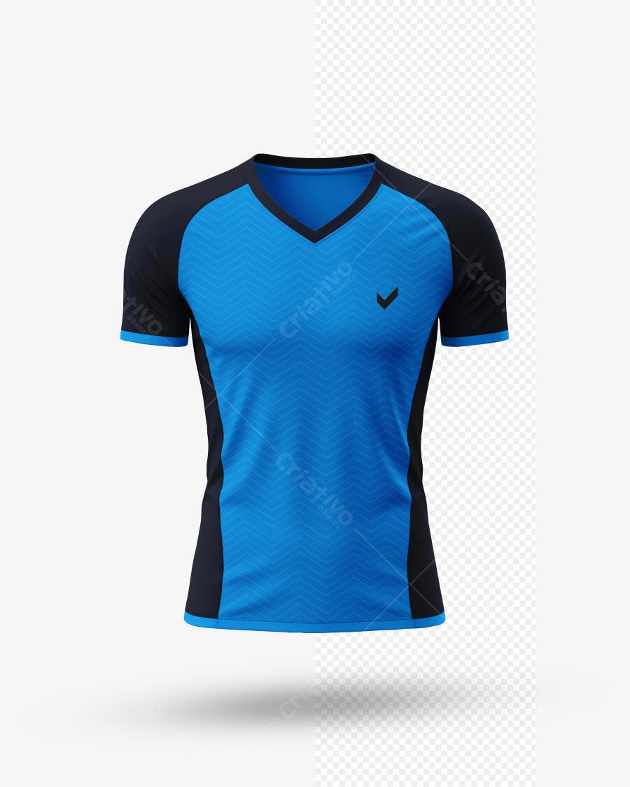 Mockup Camisa Esportiva V-Neck Masculina Azul e Preta com Padrão Chevron Realista
