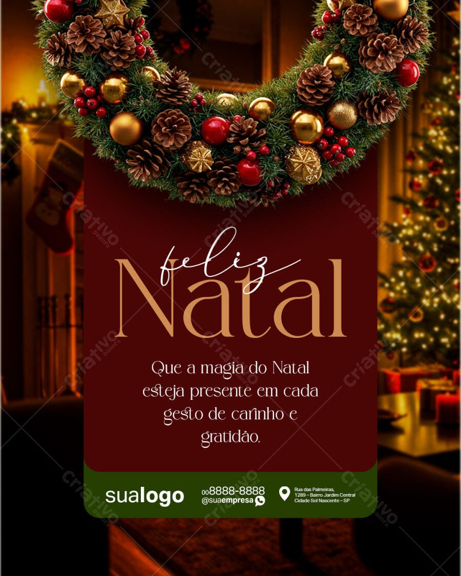 Flyer para Mensagem de Natal com Guirlanda Clássica PSD Editável
