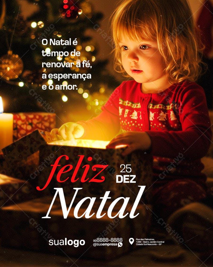 Flyer de Natal Feliz Natal com Menina Loira Abrindo Presente PSD Editável