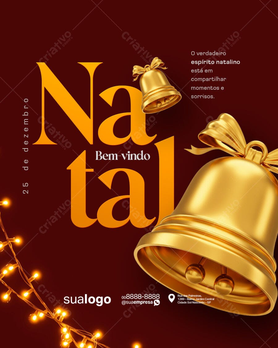 Flyer Bem-vindo Natal com Sinos Dourados e Luzes PSD Editável