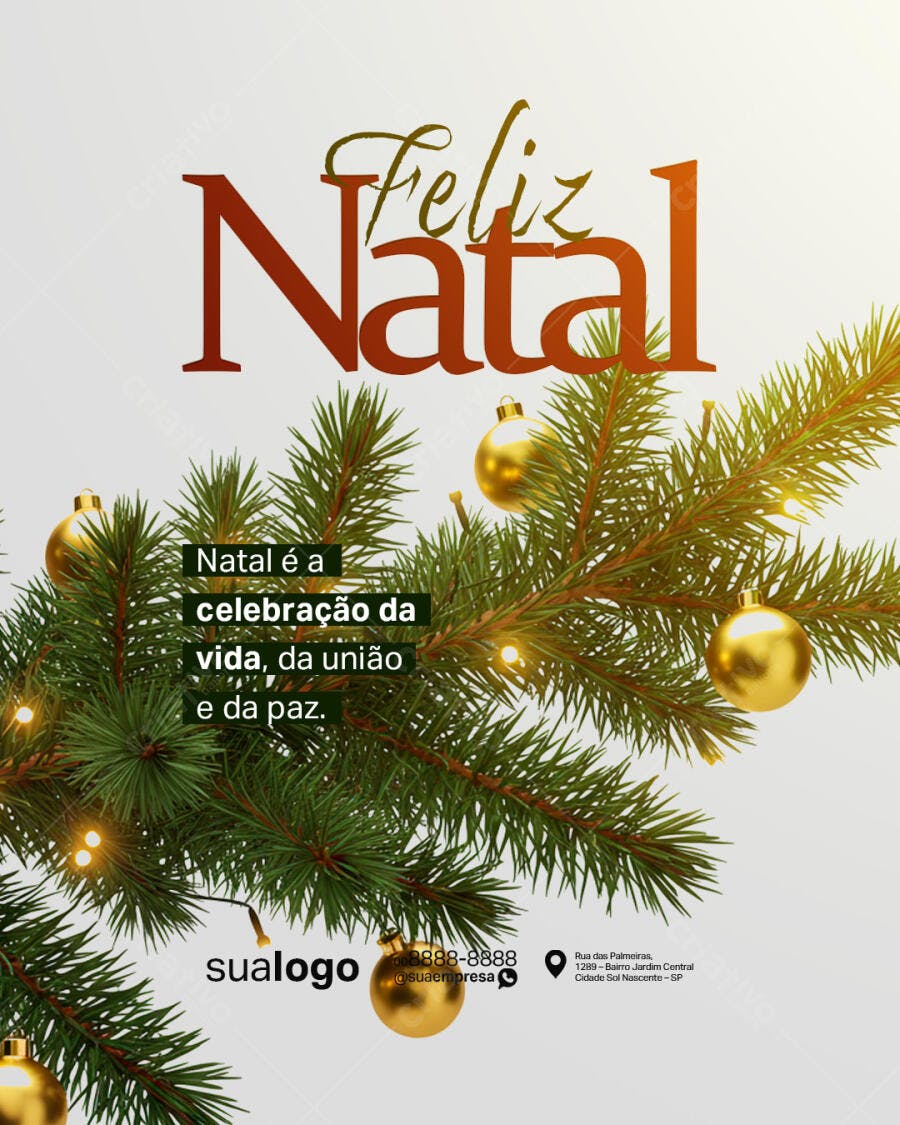 Flyer Feliz Natal Ramos Pinheiro Enfeites Dourados PSD Editável