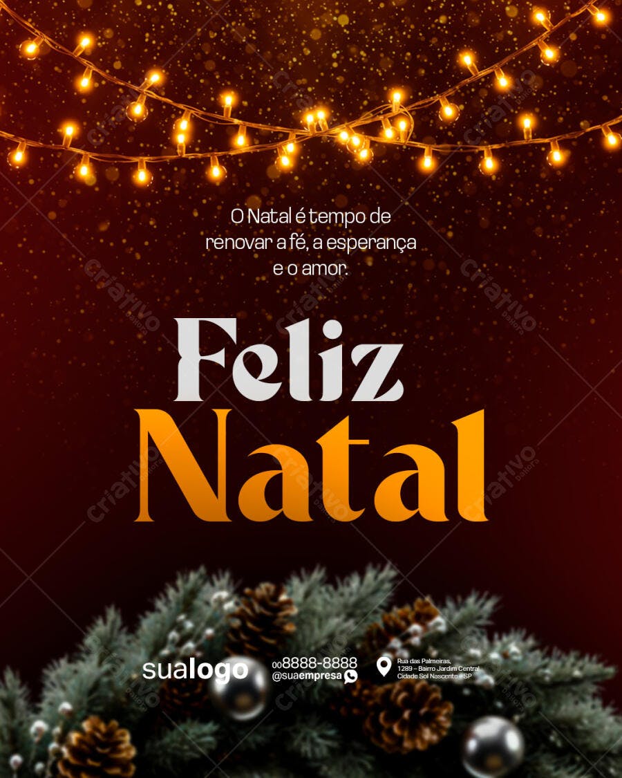 Flyer Feliz Natal Luzes Douradas e Pinhas PSD Editável