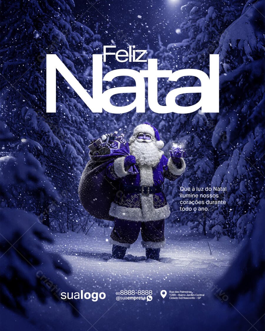 Flyer Feliz Natal com Papai Noel Azul e Neve PSD Editável