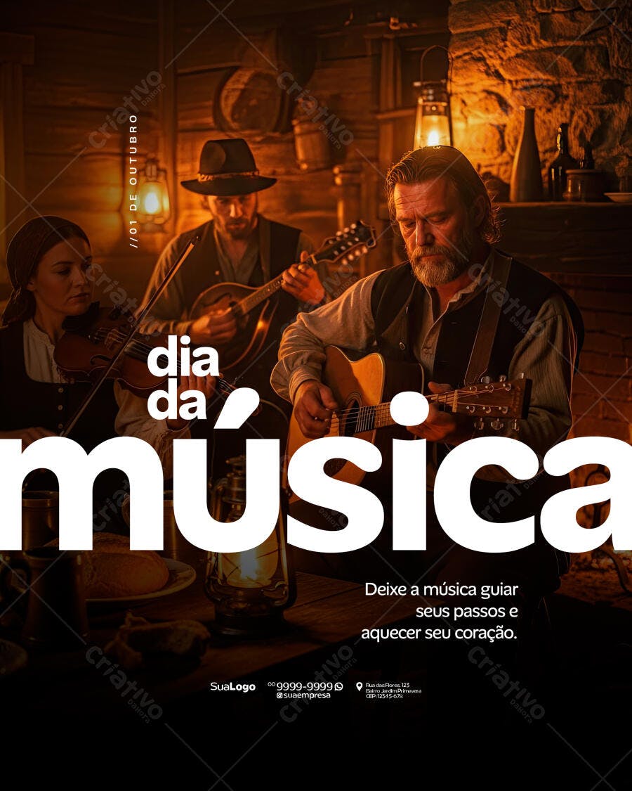 Flyer Dia da Música com Trio Acústico Rústico e Cenário Aconchegante PSD Editável