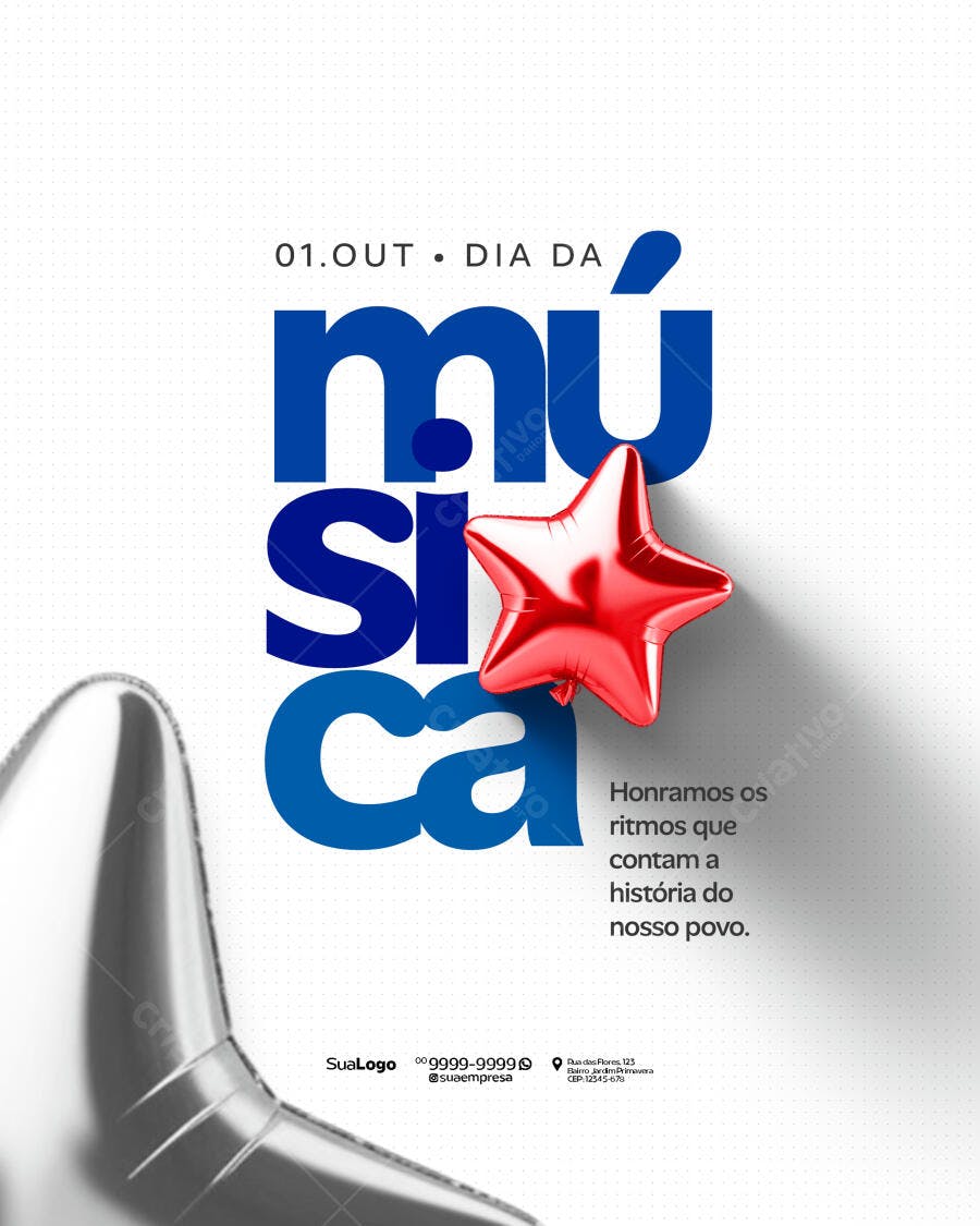 Flyer Dia da Música com Balão Estrela e Balões Metalizados PSD Editável