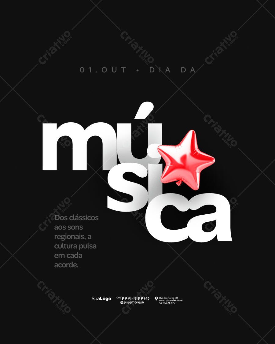 Flyer Dia da Música com Estrela Vermelha PSD Editável
