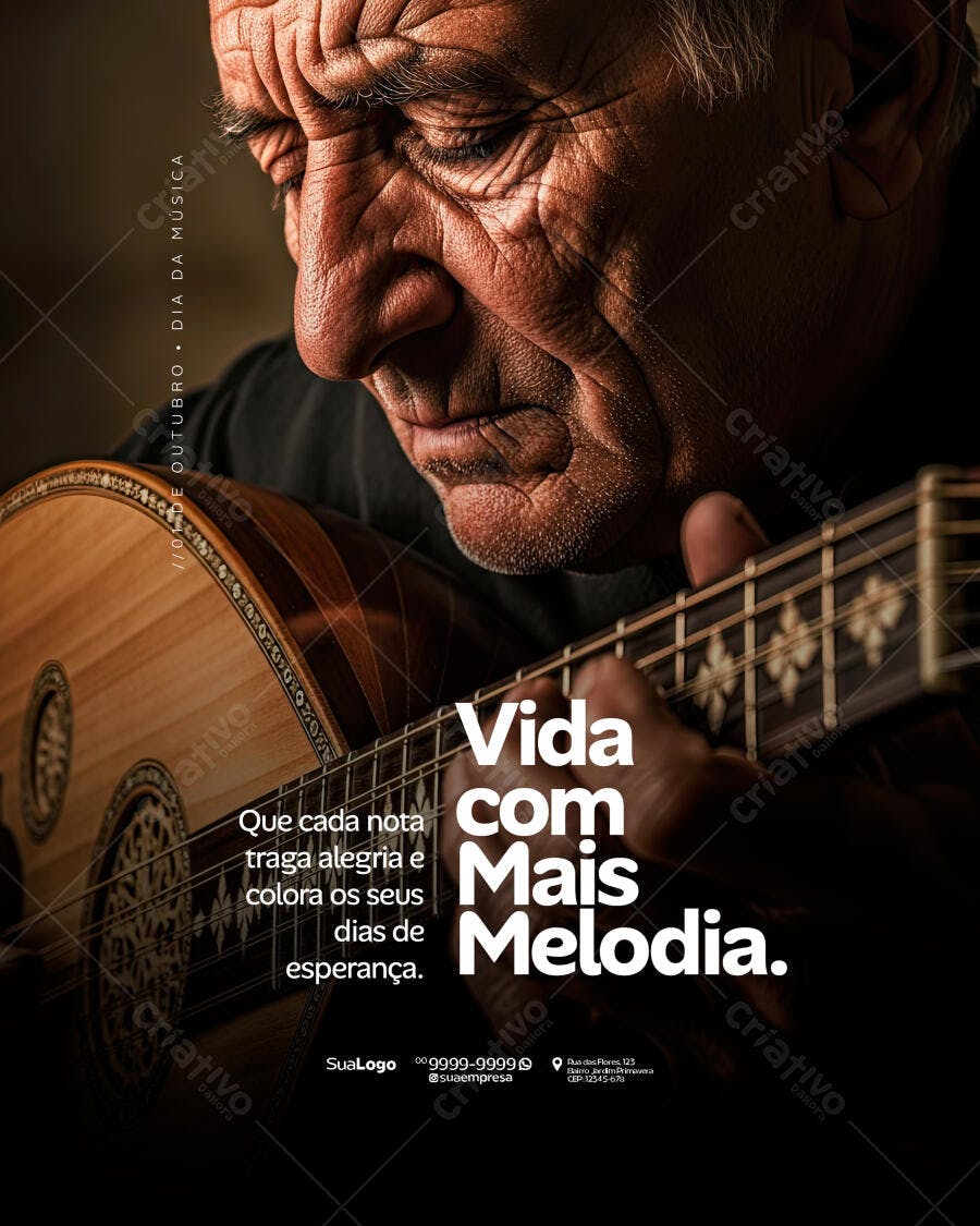 Flyer Dia da Música Músico Idoso tocando Cordas PSD Editável