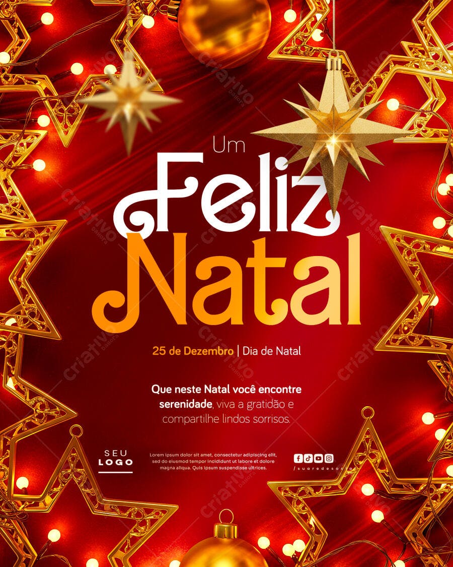 Flyer para Um Feliz Natal com Estrelas Douradas PSD Editável