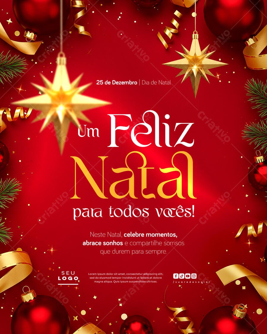 Flyer de Natal Vermelho Dourado com Bolas Estrelas e Laços PSD Editável
