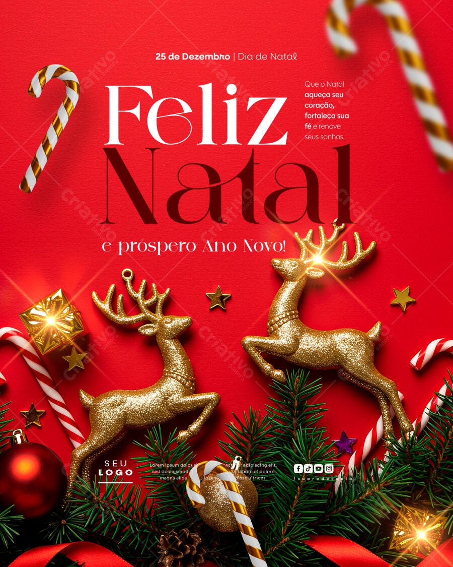 Flyer Feliz Natal e Ano Novo com Renas Douradas PSD Editável