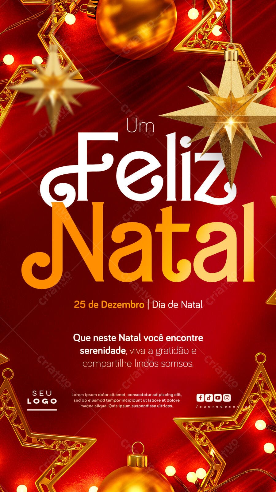 Flyer Vertical para Mensagem de Feliz Natal com Estrelas Douradas PSD Editável