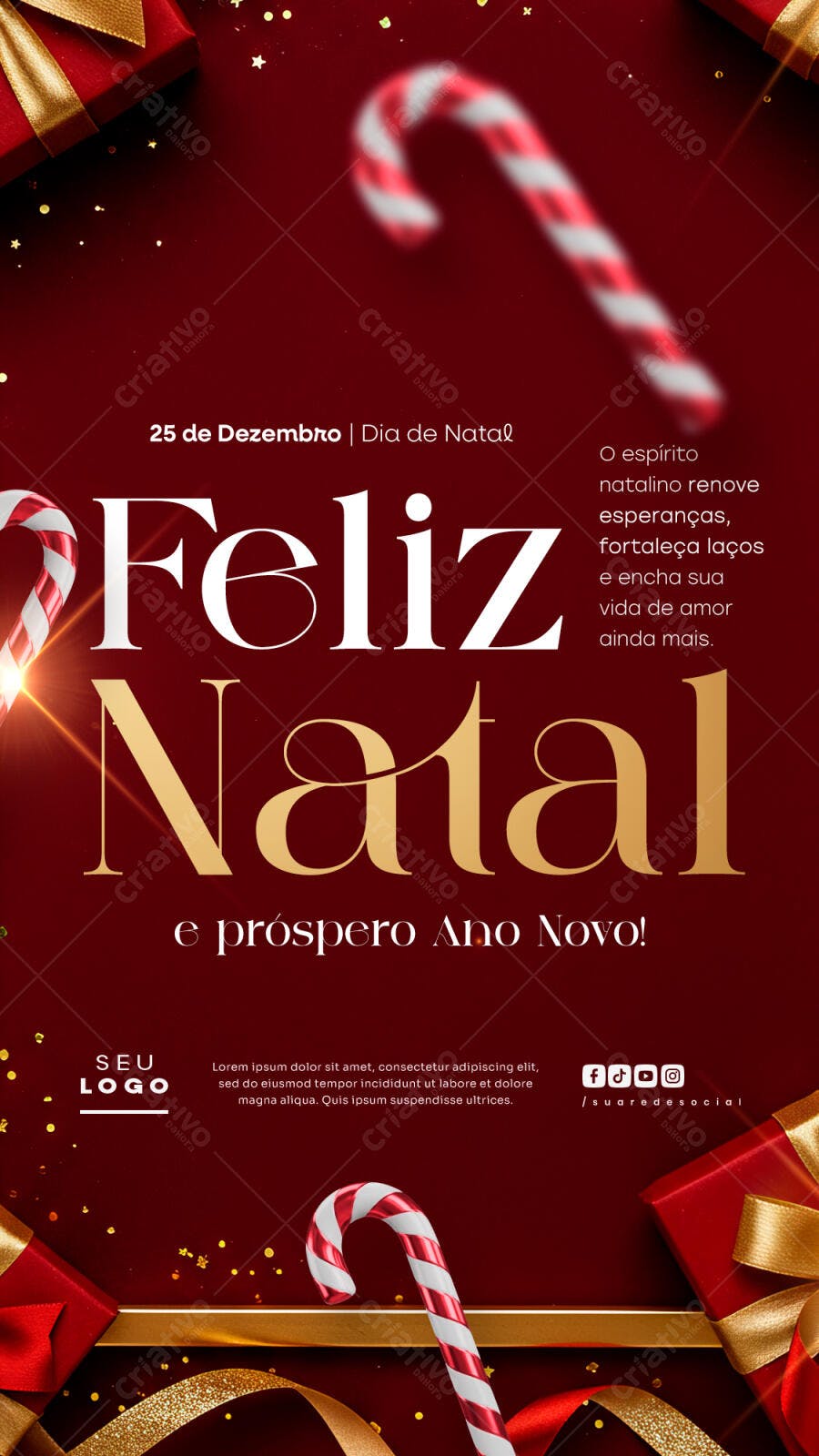 Post de Natal e Ano Novo Vermelho Dourado com Presentes PSD Editável