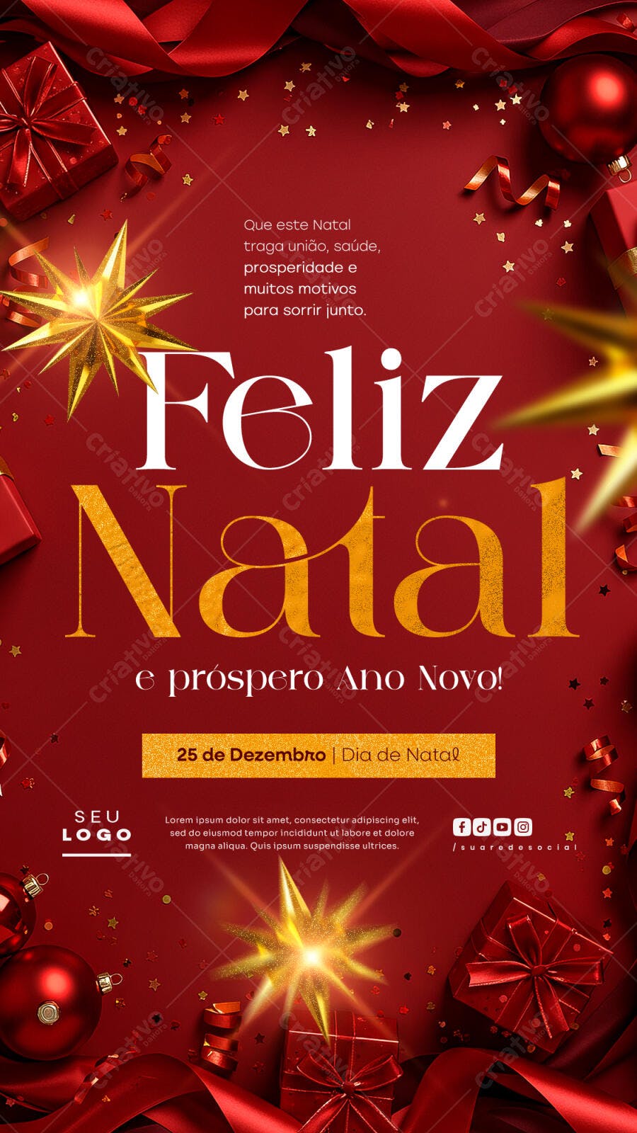 Flyer Feliz Natal e Ano Novo com Caixas de Presente e Estrelas PSD Editável