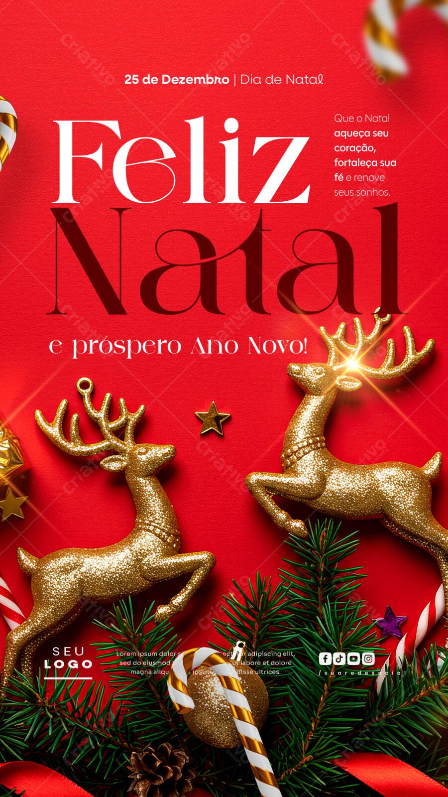 Flyer Feliz Natal e Ano Novo Renas Douradas Vermelho PSD Editável