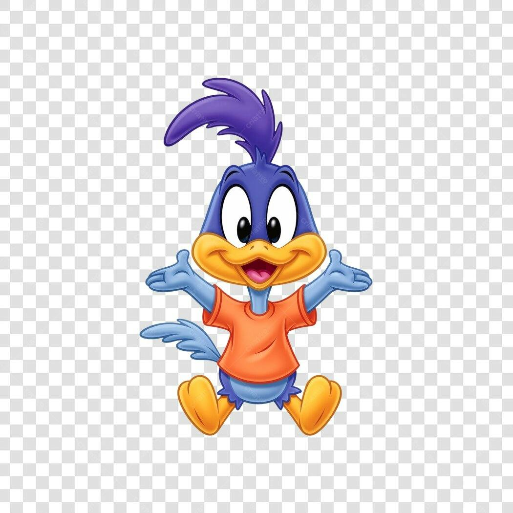 Personagem de pássaro azul alegre com camiseta laranja PNG com fundo transparente