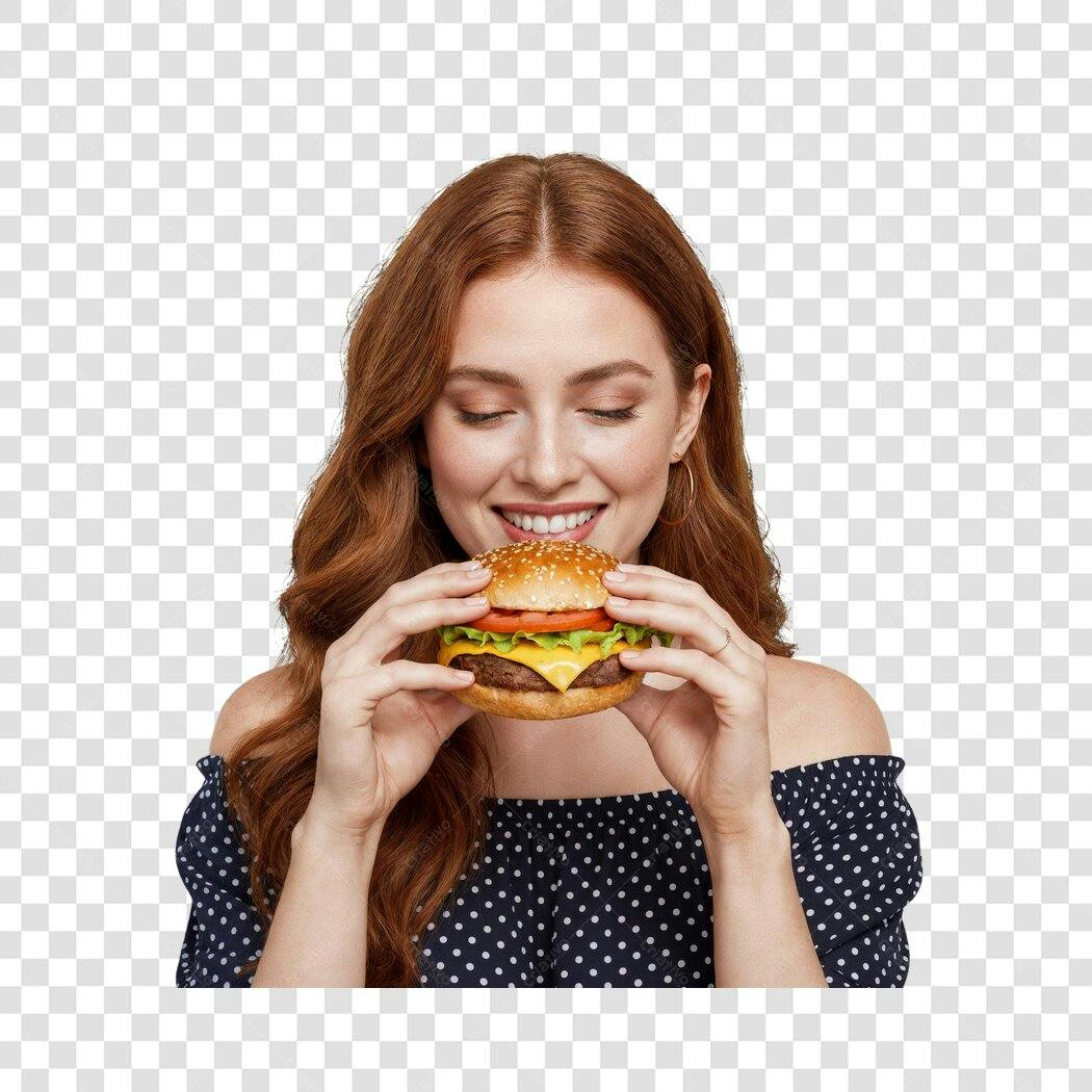 Imagem marketing fast food mulher ruiva sorrindo com hambúrguer PNG com fundo transparente