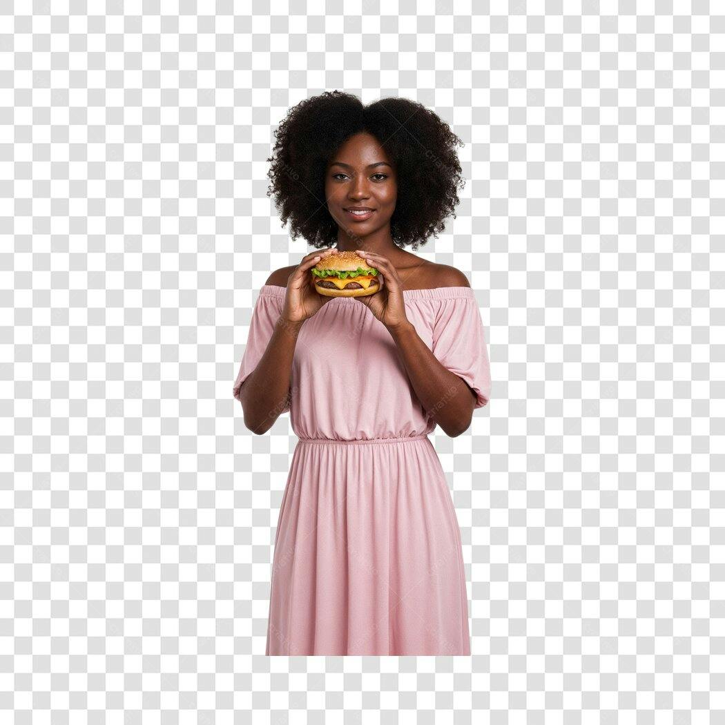 Imagem Publicitária Mulher Negra Feliz com Hambúrguer Vestido Rosa PNG com fundo transparente
