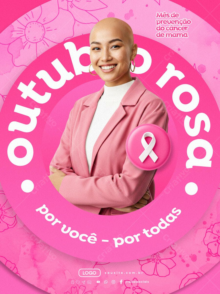 Flyer Outubro Rosa Prevenção Câncer de Mama PSD Editável