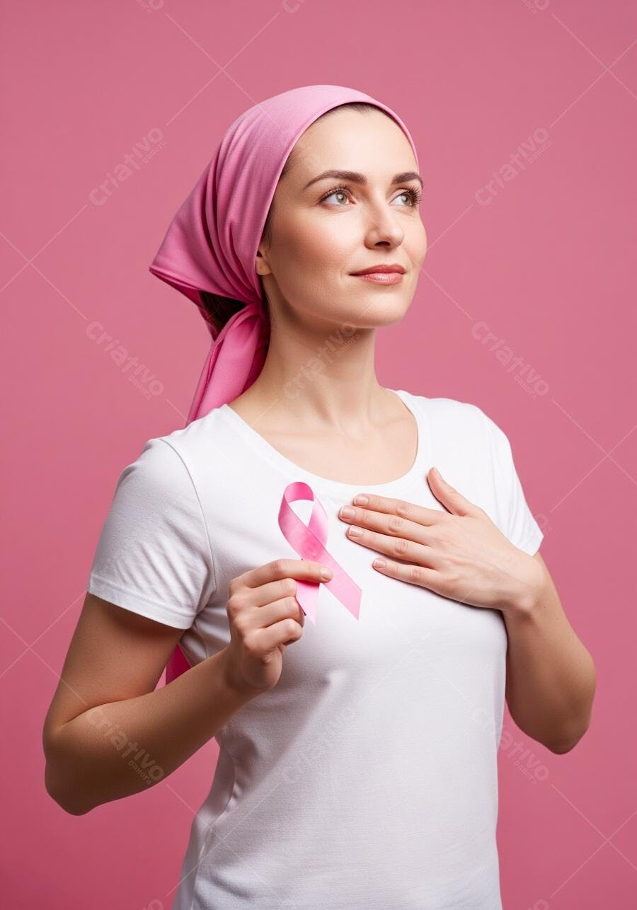 Mulher com lenço rosa e fita de câncer de mama para Outubro Rosa