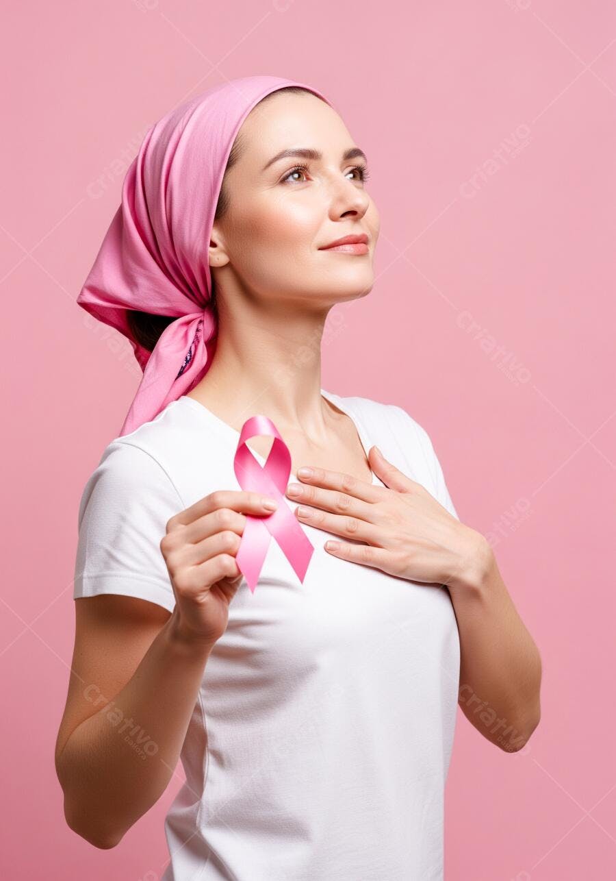 Mulher com lenço rosa e fita conscientização câncer de mama Outubro Rosa
