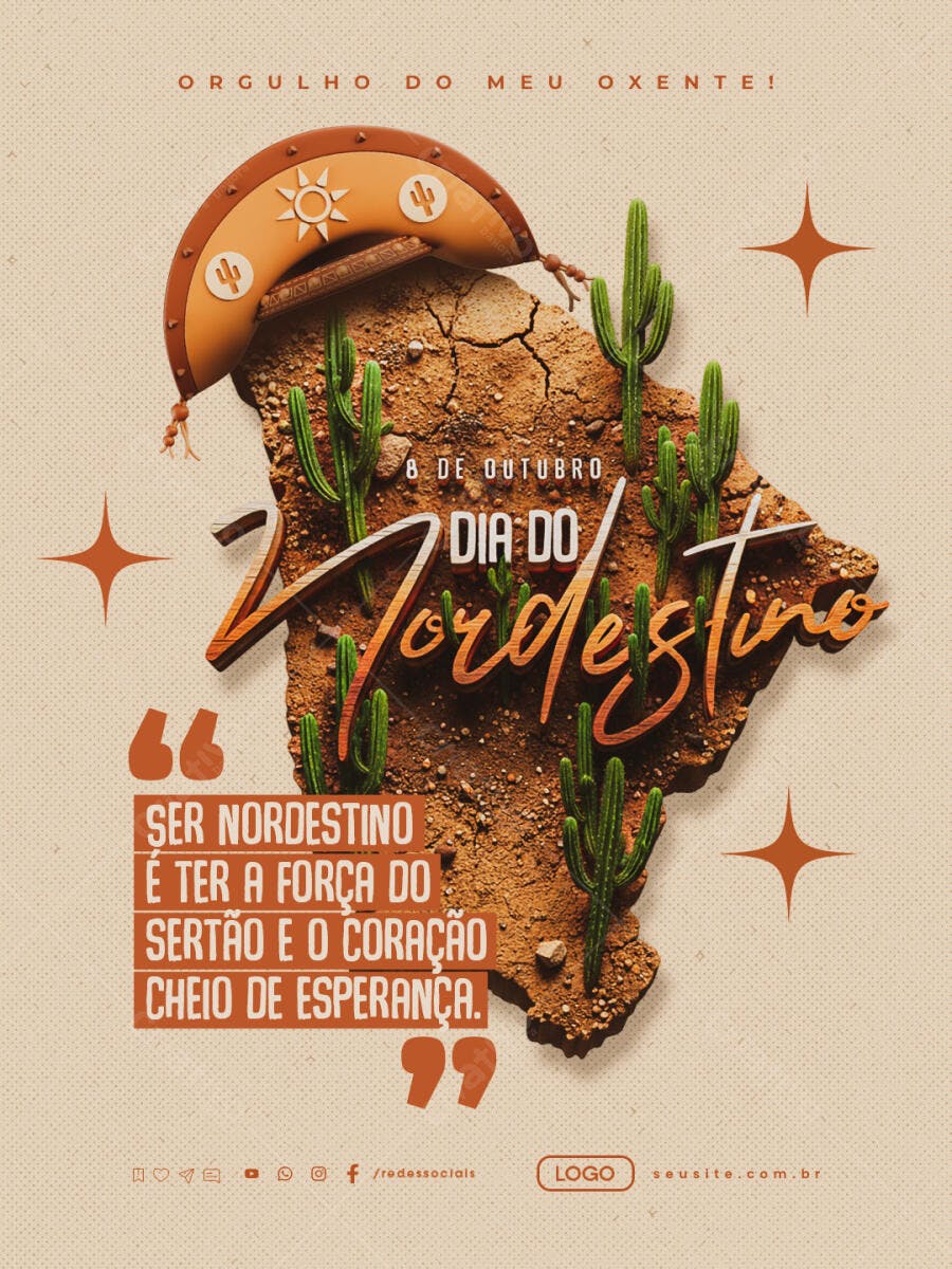 Flyer Dia do Nordestino com Chapéu de Couro e Cactos PSD Editável