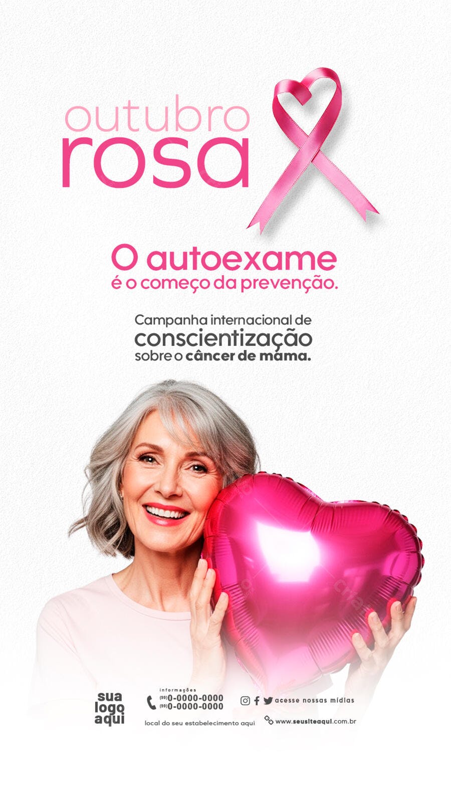 Post Redes Sociais Outubro Rosa Mulher Sênior com Balão Coração PSD Editável