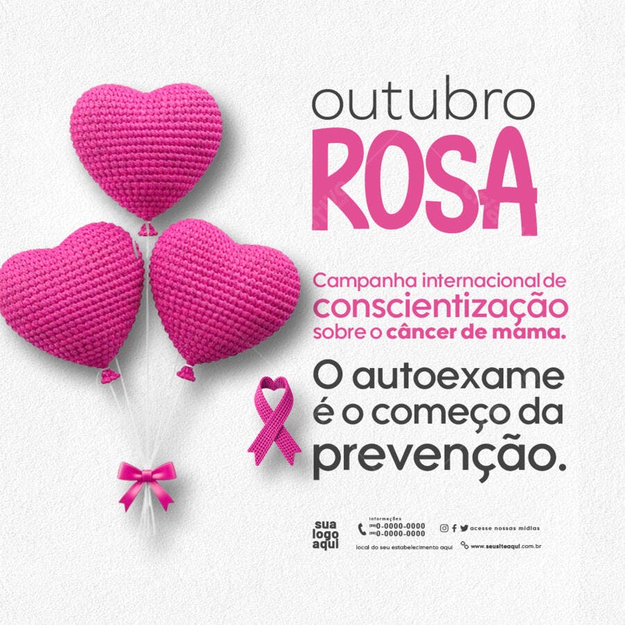 Flyer Outubro Rosa Coração Crochê Prevenção Câncer PSD Editável