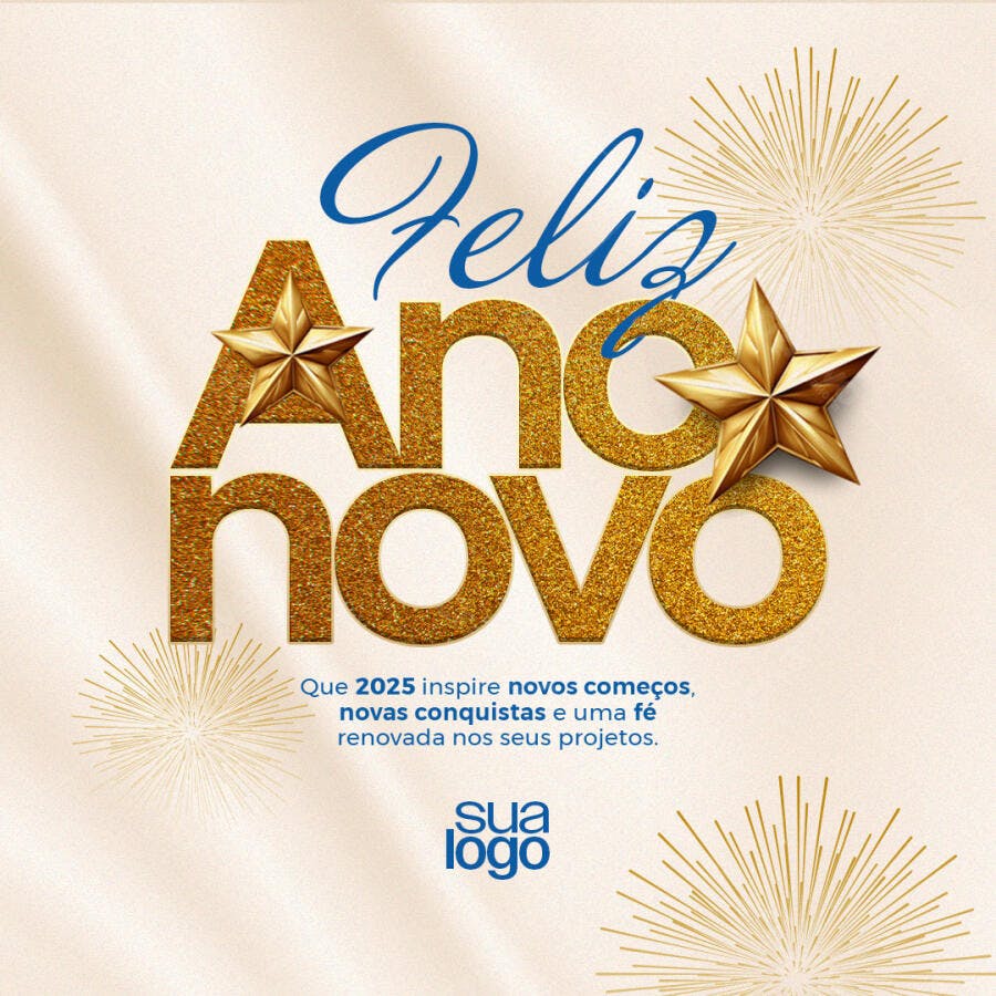 Flyer Feliz Ano Novo Dourado com Estrelas PSD Editável