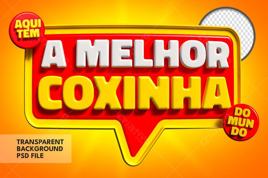 Selo 3D de destaque produto coxinha a melhor do mundo vibrante vermelho e amarelo