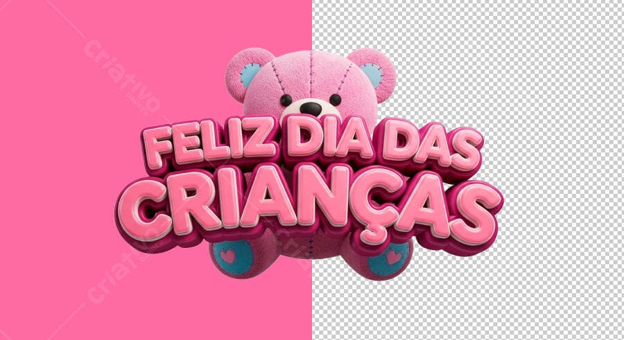 Ilustração 3D para Dia das Crianças com Urso Rosa PSD Editável