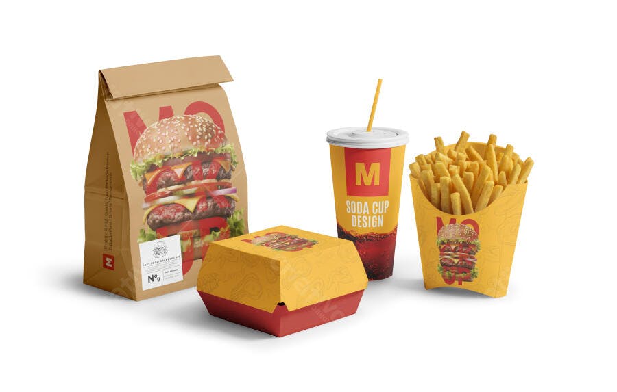 Mockup Realista Kit Embalagens Fast Food e Lanches Amarelo e Vermelho