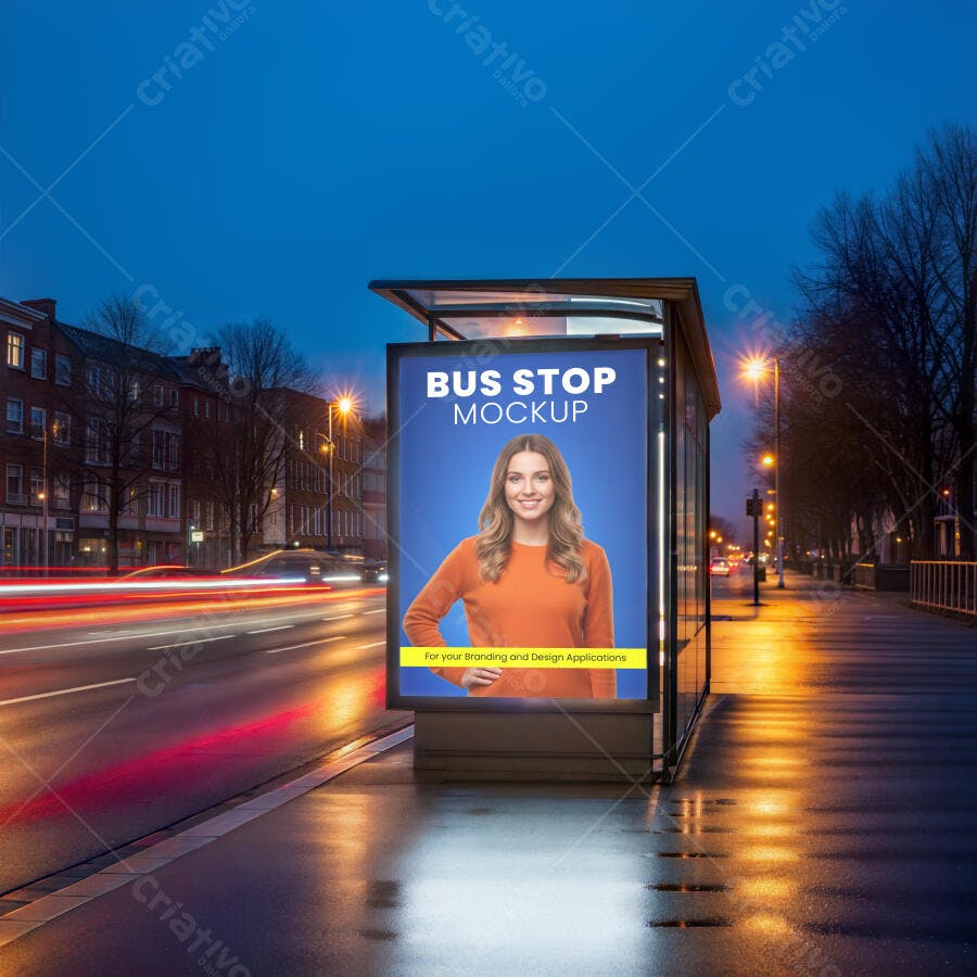 Mockup Realista Painel de Ponto de Ônibus Noturno Urbano com Modelo Loira