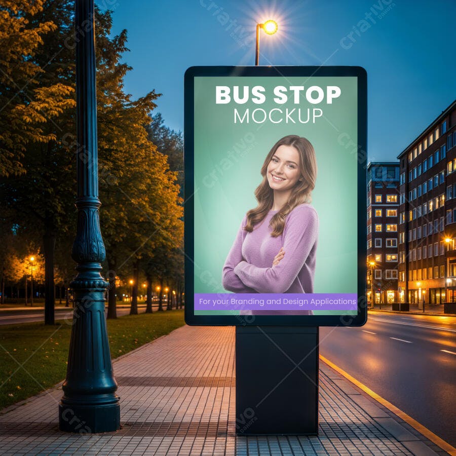 Mockup Externo Realista de Painel Digital em Ponto de Ônibus Urbano Noturno