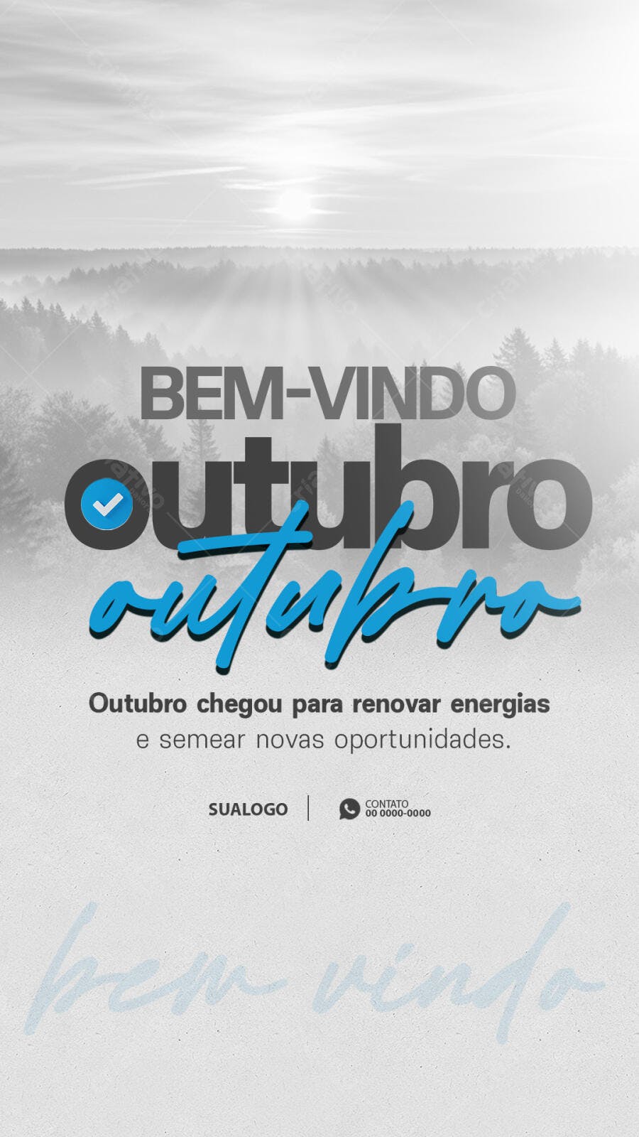 Flyer Bem-vindo Outubro com Floresta Encoberta por Neblina e Luz Solar PSD Editável