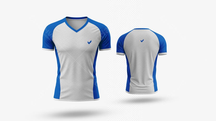 Mockup Camiseta Gola V Branca e Azul Frente e Verso Esportiva Padrão Chevron Realista