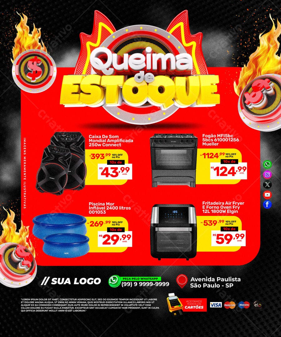 Flyer de Varejo Queima de Estoque com Ofertas PSD Editável