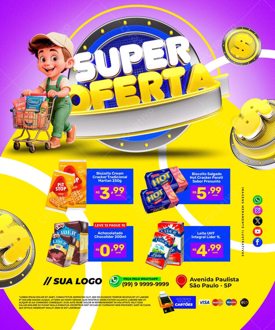 Flyer Super Oferta com Menino no Carrinho de Compras PSD Editável