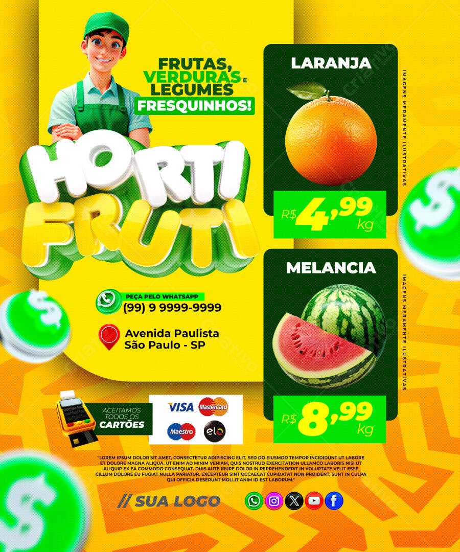 Flyer Hortifruti Frutas e Verduras Fresquinhos PSD Editável