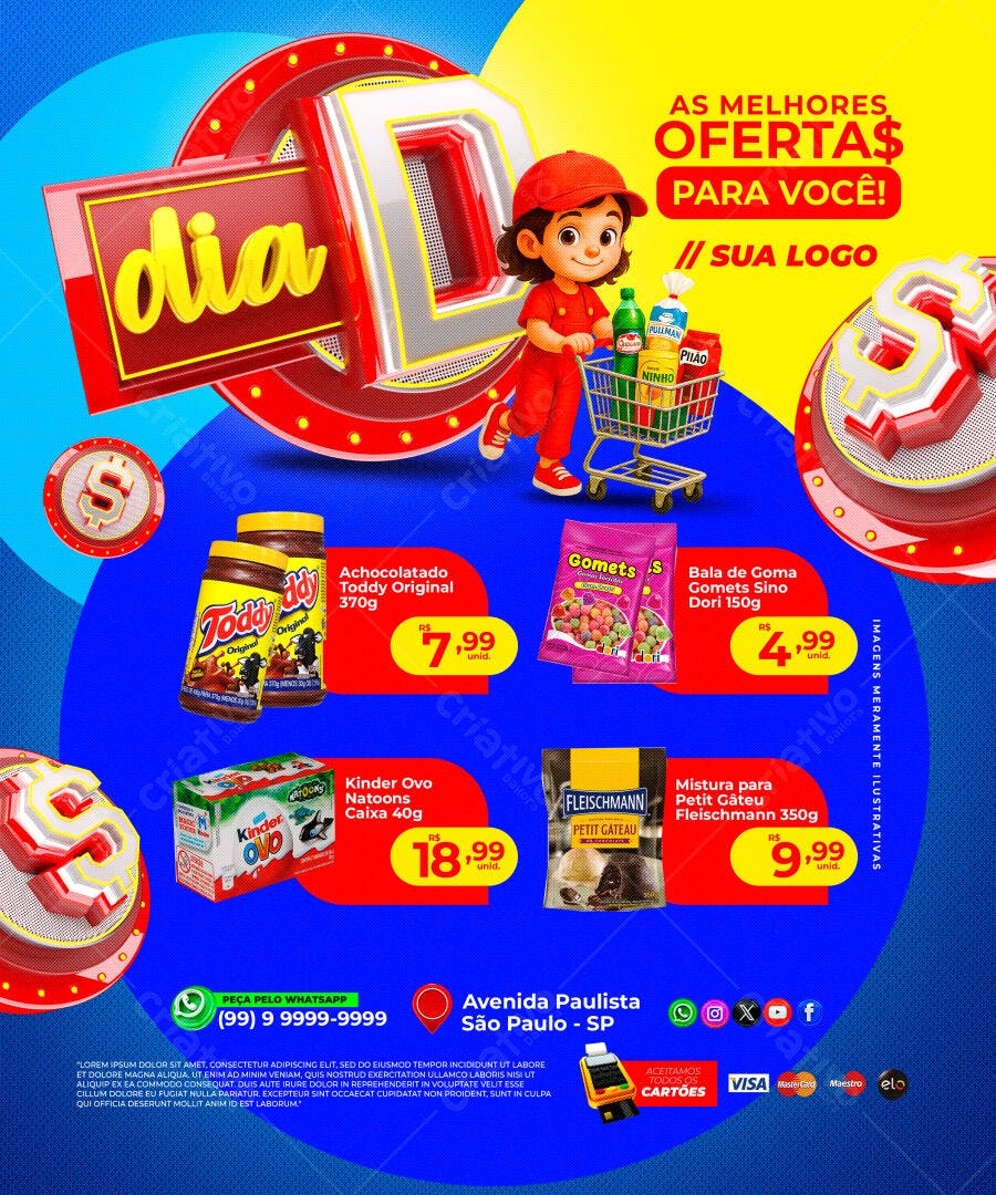 Flyer para Dia de Ofertas Supermercado com Menina Carrinho PSD Editável